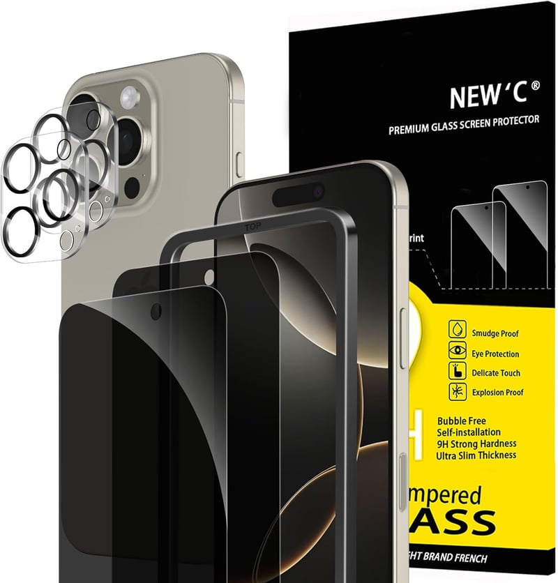 NEW'C iPhone 16 Pro Üvegfólia Szett 2db Adatvédelmi + 2db Kamera Védelem - 16 Pro 6,3 Zoll, black