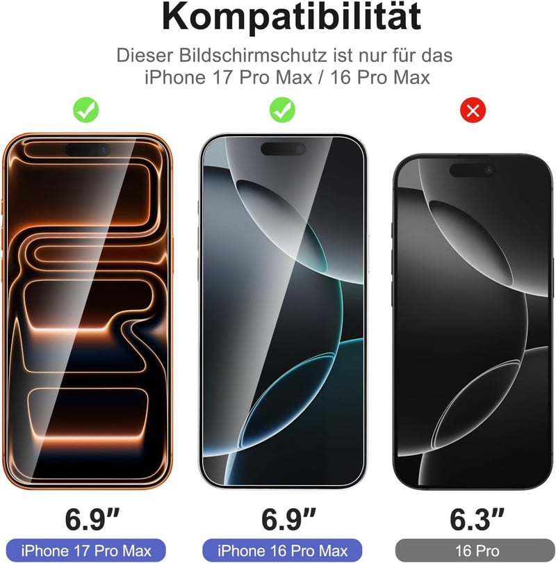 NEW'C iPhone 17 Pro Max / 16 Pro Max edzett üveg képernyővédő 9H keménység 3db - 17 Pro Max /16 Pro Max 6,9 Zoll, transparent