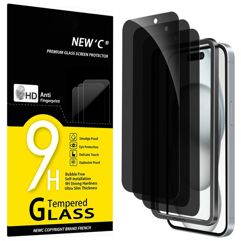 NEW'C Ochranné sklo na ochranu súkromia pre iPhone 16 / iPhone 15 (6,1 palca) – Anti-Spy tvrdené sklo, čierne, 3 ks, odolné proti poškriabaniu, jednoduchá inštalácia