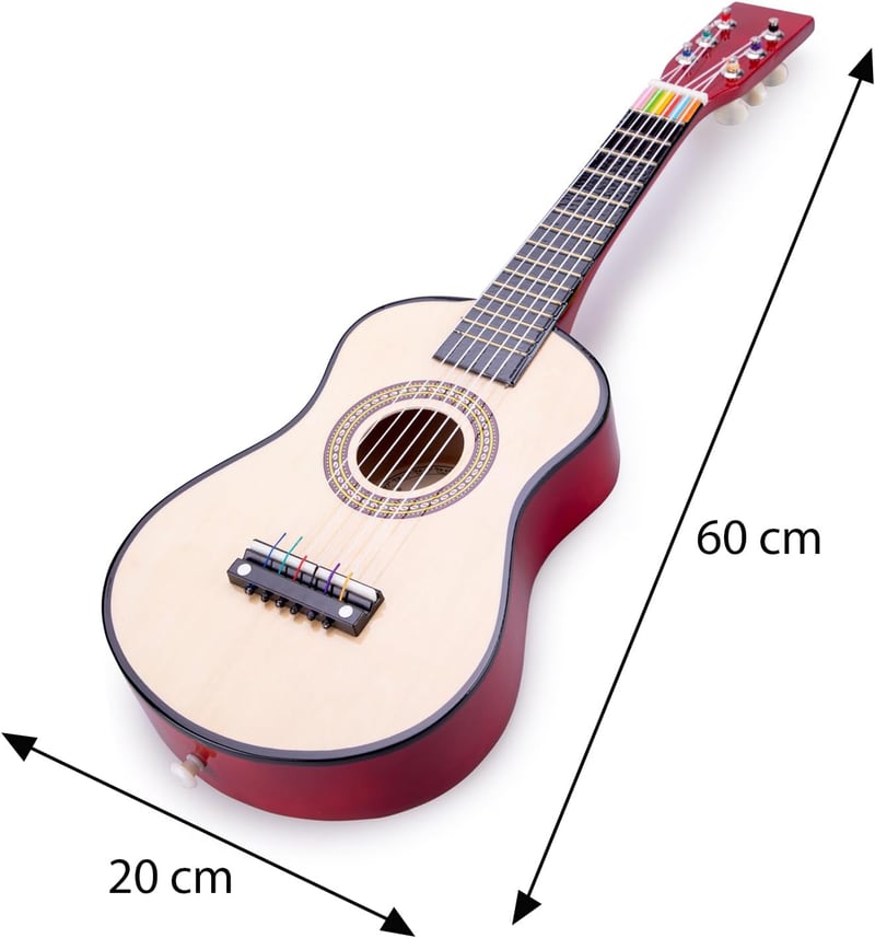 New Classic Toys Fa Gitár Gyerekeknek - Natúr/Piros Színű Játékhangszer 3-10 Éves Korig, Zenei Készségfejlesztő Játék