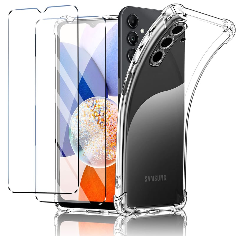 Puzdro New&Teck na Samsung Galaxy A14 4G/5G, priehľadný silikónový TPU kryt + 2 ks tvrdené sklo na ochranu displeja, so zosilnenými rohmi
