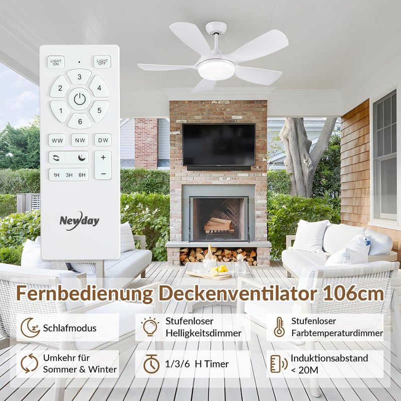 Newday 106 cm Mennyezeti Ventilátor Távirányítóval, Dimmelhető LED Világítással, 5 Lapátos Motor, Hálószobához és Nappalihoz