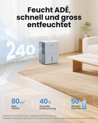Odvlaživač zraka Newentor 25L/24h, za prostorije do 80 m², spremnik 3,5 L, bijeli, smanjena razina buke, energetski učinkovit, tajmer, odvodna cijev 1 m, filtar, 2 2