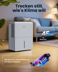 Odvlaživač zraka Newentor 25L/24h, za prostorije do 80 m², spremnik 3,5 L, bijeli, smanjena razina buke, energetski učinkovit, tajmer, odvodna cijev 1 m, filtar, 2 3
