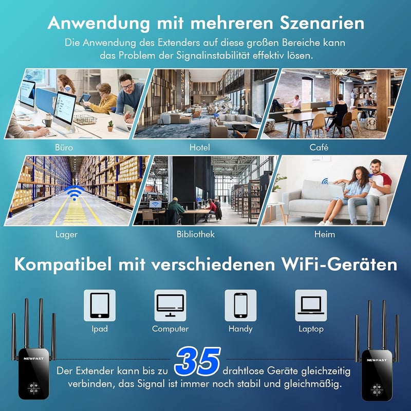 NEWFAST 1200 Mbps Dual-Band WiFi jelerősítő repeater 2.4 és 5 GHz routerhez, vezeték nélküli internet bővítő készülék