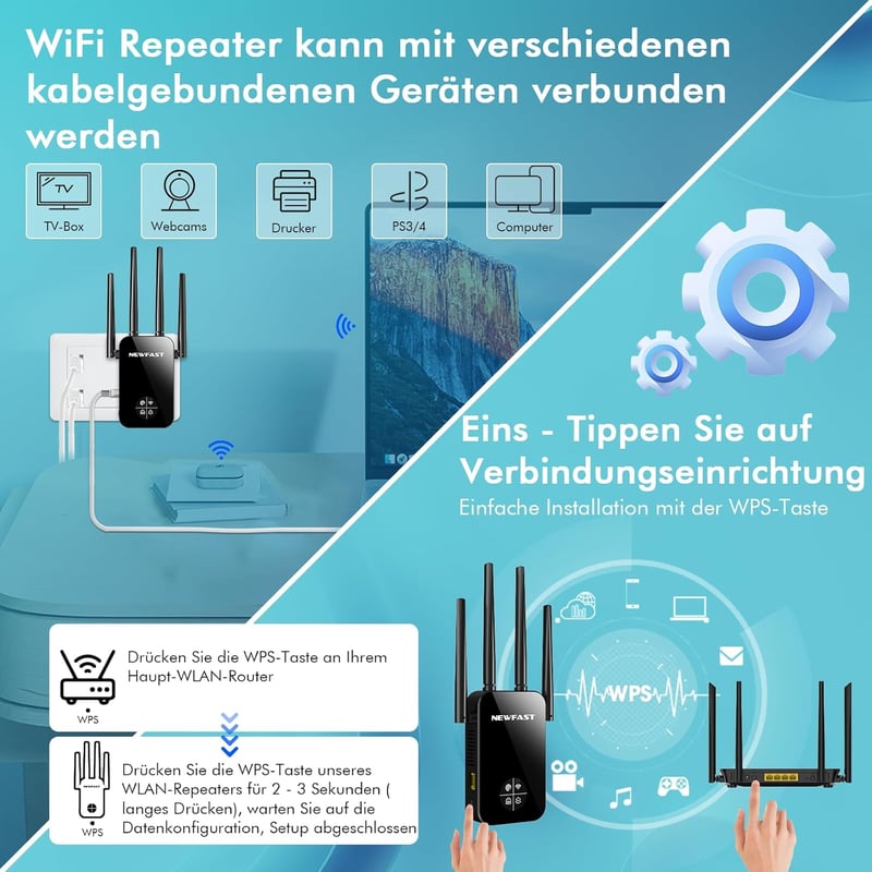 NEWFAST 1200 Mbps Dual-Band WiFi jelerősítő repeater 2.4 és 5 GHz routerhez, vezeték nélküli internet bővítő készülék