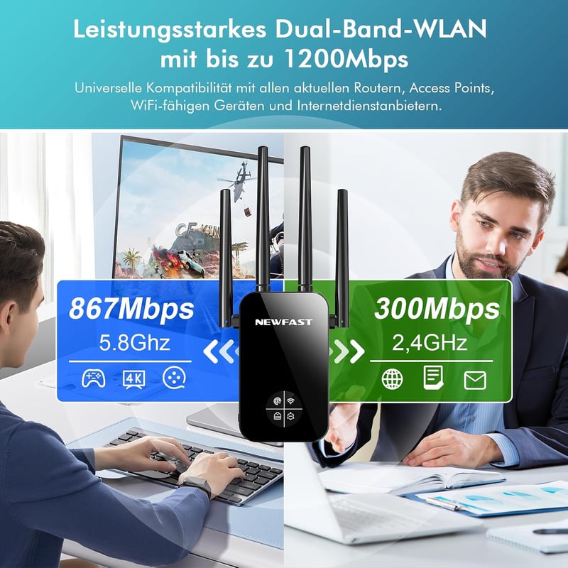 NEWFAST 1200 Mbps Dual-Band WiFi jelerősítő repeater 2.4 és 5 GHz routerhez, vezeték nélküli internet bővítő készülék