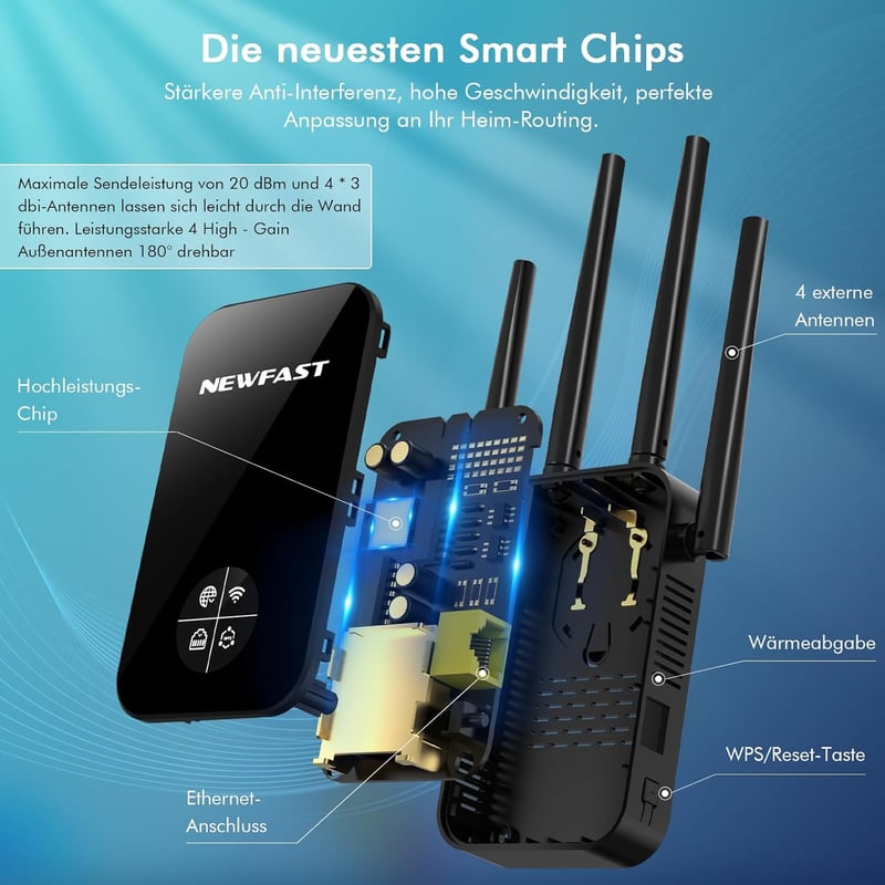 NEWFAST 1200 Mbps Dual-Band WiFi jelerősítő repeater 2.4 és 5 GHz routerhez, vezeték nélküli internet bővítő készülék
