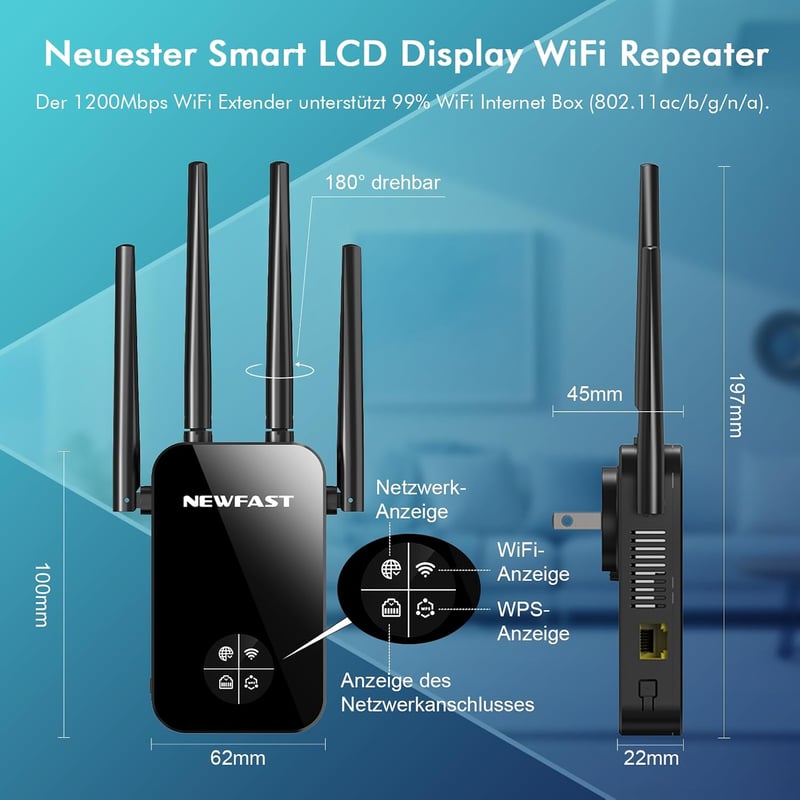 NEWFAST 1200 Mbps Dual-Band WiFi jelerősítő repeater 2.4 és 5 GHz routerhez, vezeték nélküli internet bővítő készülék