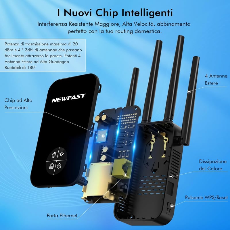 NEWFAST WiFi5 1200Mbps WiFi erősítő, Dual Band bővítő 4 antennával és LAN porttal