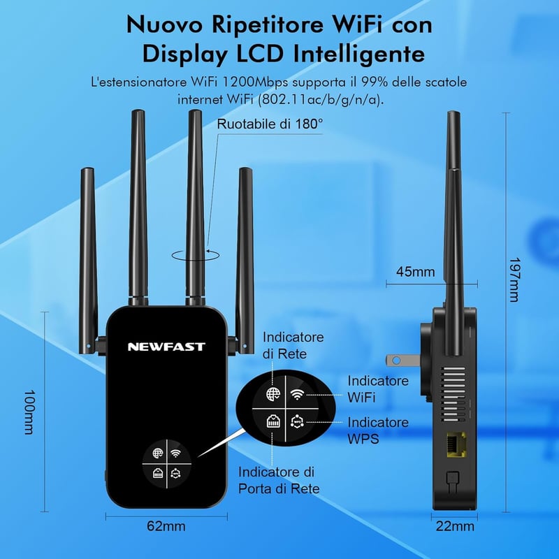 NEWFAST WiFi5 1200Mbps WiFi erősítő, Dual Band bővítő 4 antennával és LAN porttal