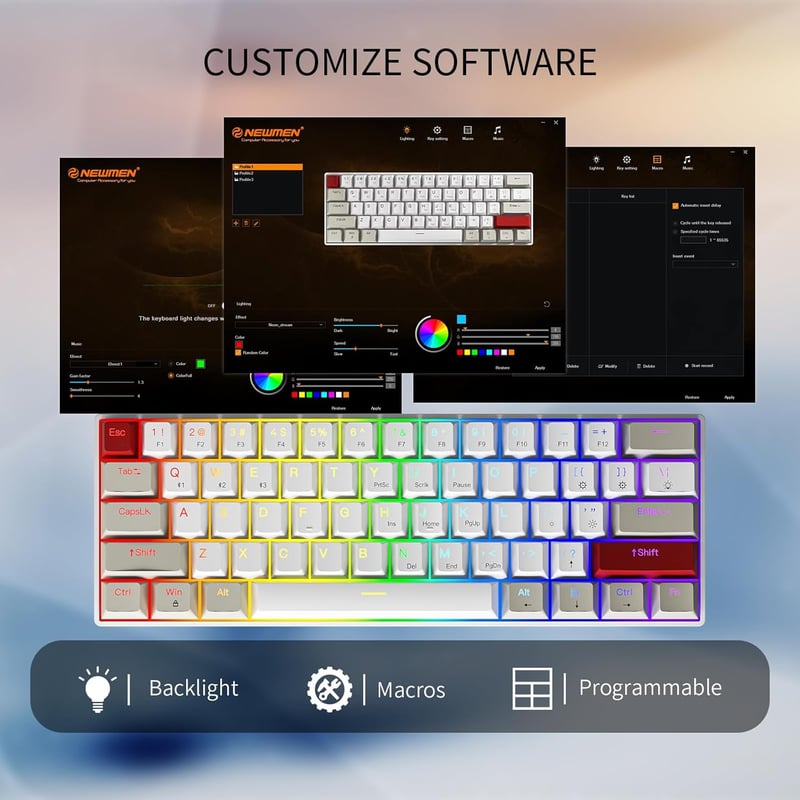 Newmen GM610 Wireless Mechanikus Gamer Billentyűzet 60% RGB LED Barna Kapcsoló