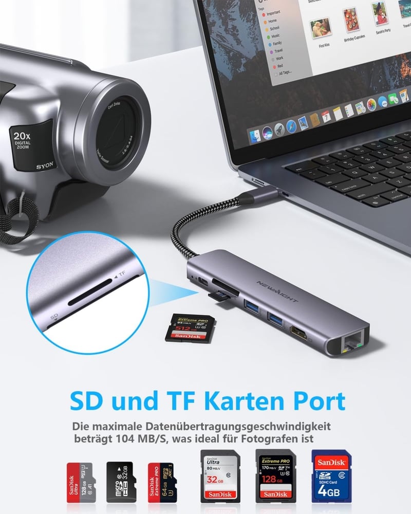 Newmight 7 az 1-ben USB C Hub Ethernet csatlakozóval, 4K HDMI, 2 USB 3.0, 100W PD, SD/TF kártyaolvasó - iPhone 15/MacBook/iPad/Dell/HP kompa