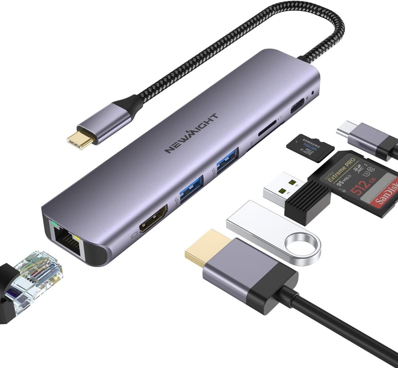 Newmight 7 az 1-ben USB C Hub Ethernet csatlakozóval, 4K HDMI, 2 USB 3.0, 100W PD, SD/TF kártyaolvasó - iPhone 15/MacBook/iPad/Dell/HP kompa