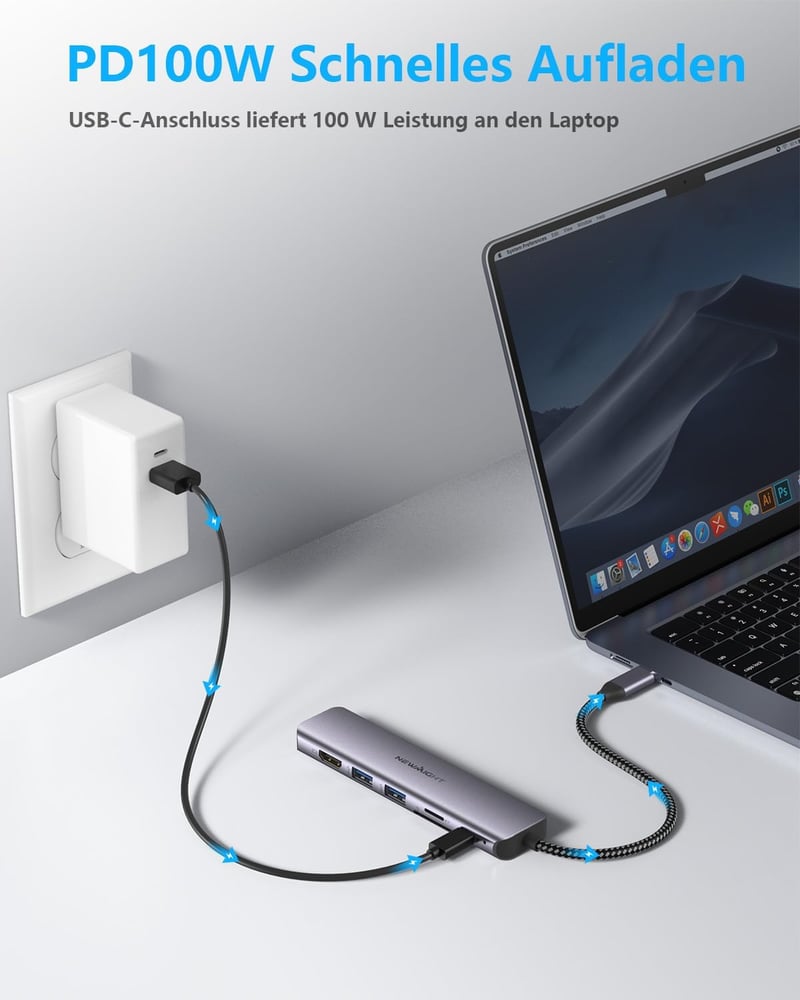 Newmight 7 az 1-ben USB C Hub Ethernet csatlakozóval, 4K HDMI, 2 USB 3.0, 100W PD, SD/TF kártyaolvasó - iPhone 15/MacBook/iPad/Dell/HP kompa