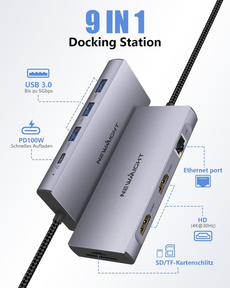 Newmight Dual HDMI dokkoló 2 monitoros 4K, 100W töltés, USB 3.0, Ethernet