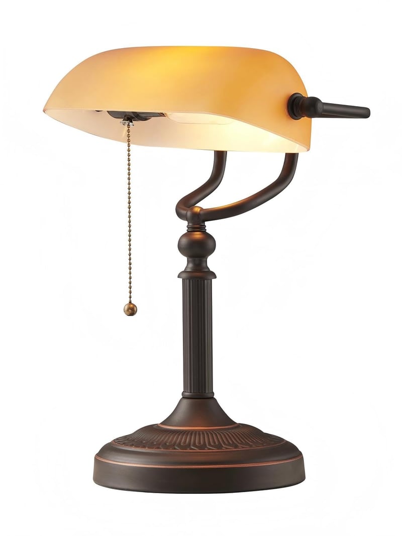 Stolná lampa Newrays Banker s jantárovým skleneným tienidlom, s ťahovým vypínačom a LED žiarovkou