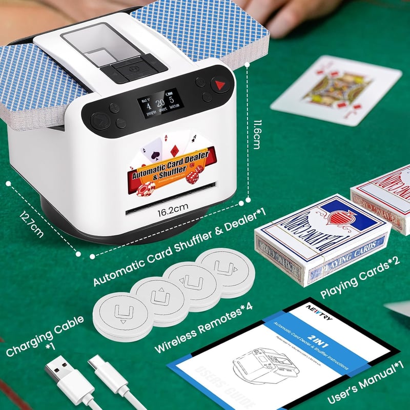 NEWTRY 2-in-1 Kártyakeverő és Osztógép, 360° Forgó Kártyaadagoló UNO, Póker, Blackjack Játékokhoz, 4 Távirányítóval, 8 Játékosig