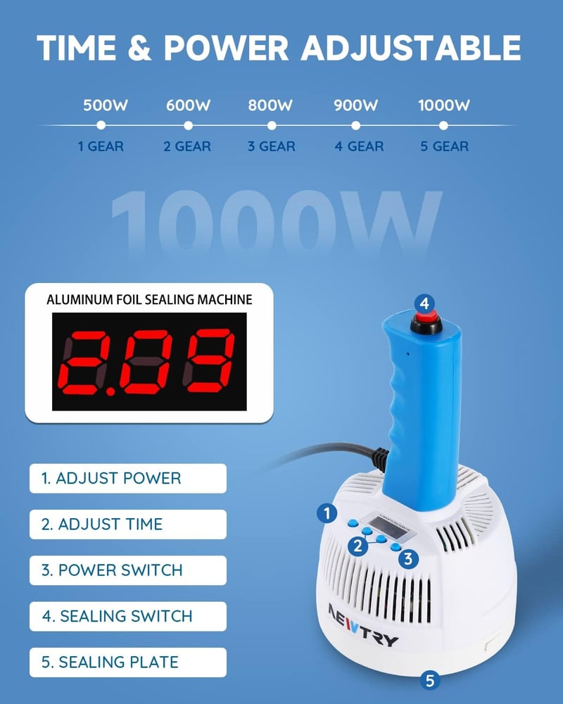 NEWTRY Elektromágneses Indukciós Fóliahegesztő Gép, 20-100mm Állítható Alumínium Fólia Lezáró, 800W Fehér Hegesztőgép