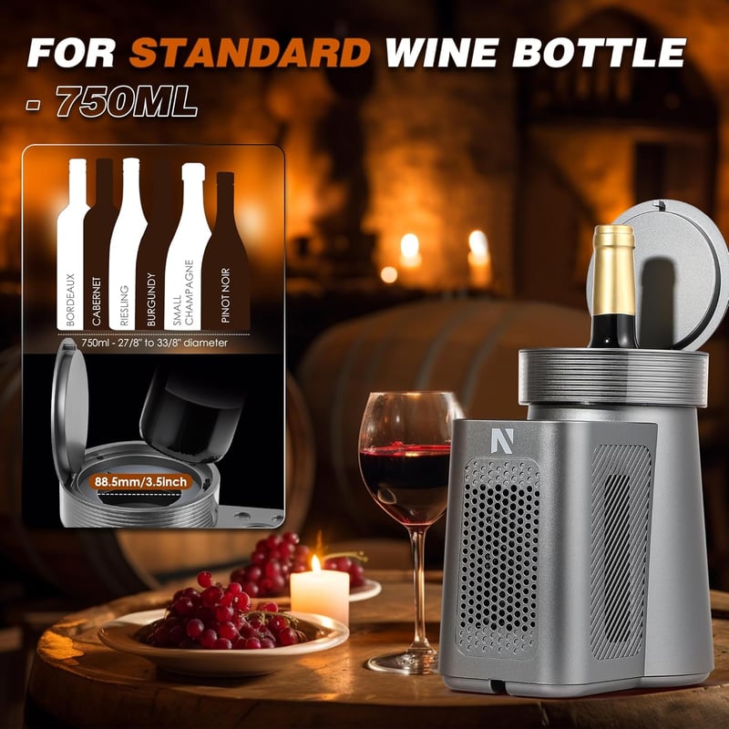 NEWTRY Elektromos Borhűtő - Gyorshűtés 750 ml-es Borosüvegekhez, Pezsgőhöz, Fekete ABS Borítás, Rozsdamentes Acél Belső, Autós Kábellel