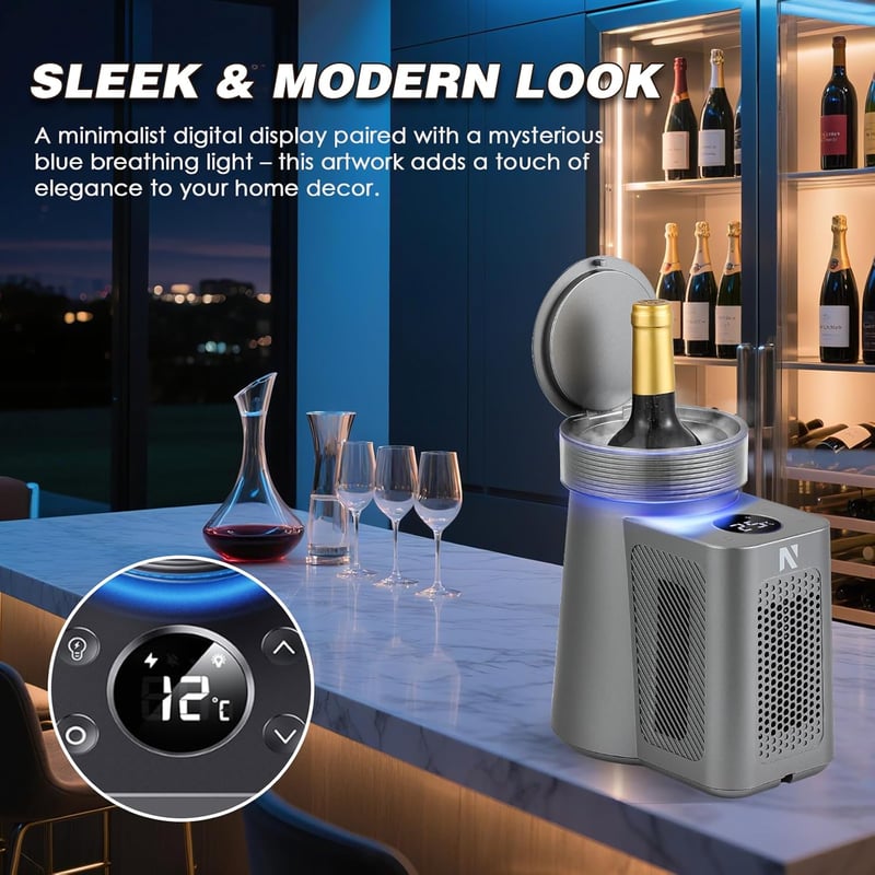 NEWTRY Elektromos Borhűtő - Gyorshűtés 750 ml-es Borosüvegekhez, Pezsgőhöz, Fekete ABS Borítás, Rozsdamentes Acél Belső, Autós Kábellel