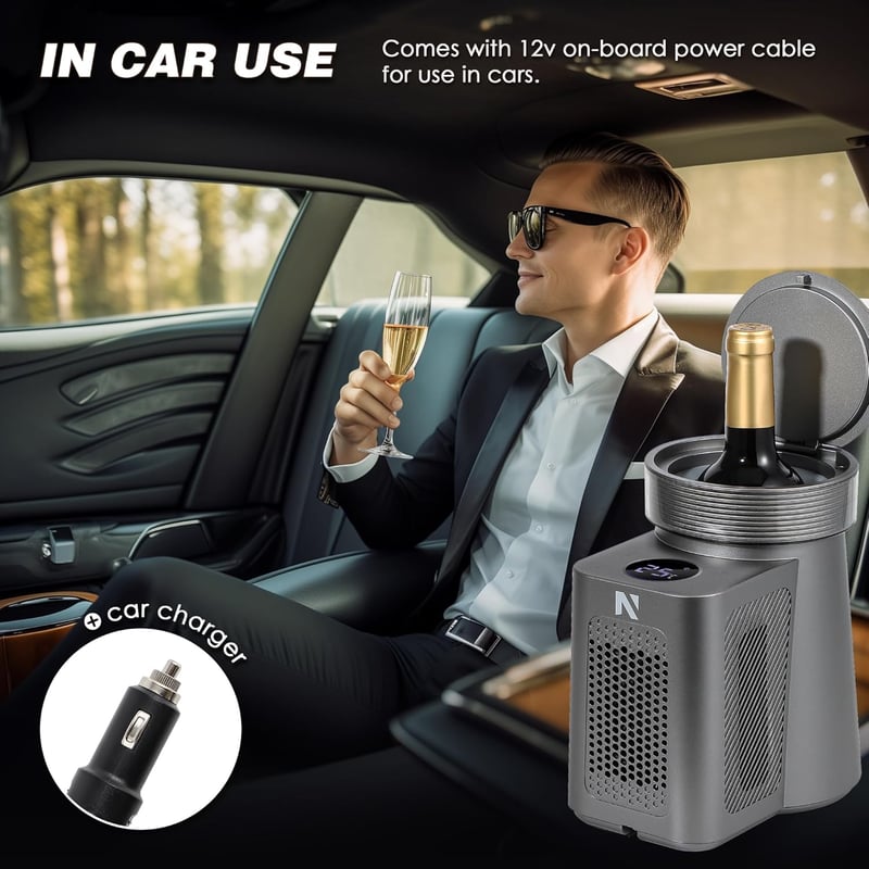 NEWTRY Elektromos Borhűtő - Gyorshűtés 750 ml-es Borosüvegekhez, Pezsgőhöz, Fekete ABS Borítás, Rozsdamentes Acél Belső, Autós Kábellel