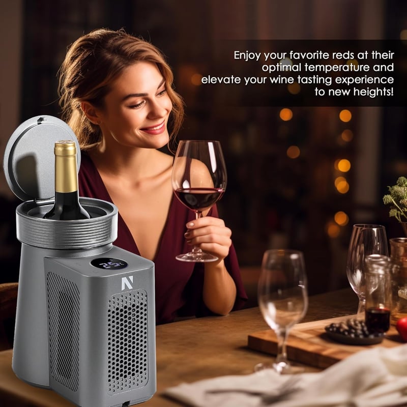 NEWTRY Elektromos Borhűtő - Gyorshűtés 750 ml-es Borosüvegekhez, Pezsgőhöz, Fekete ABS Borítás, Rozsdamentes Acél Belső, Autós Kábellel