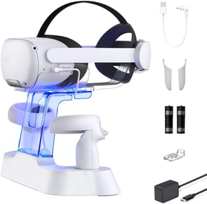 NexiGo S20B Stanica za punjenje za Oculus Quest 2 s LED indikatorom - Kompatibilna s Elite Strap slušalicama i držač kontrolera s 2 punjive baterije