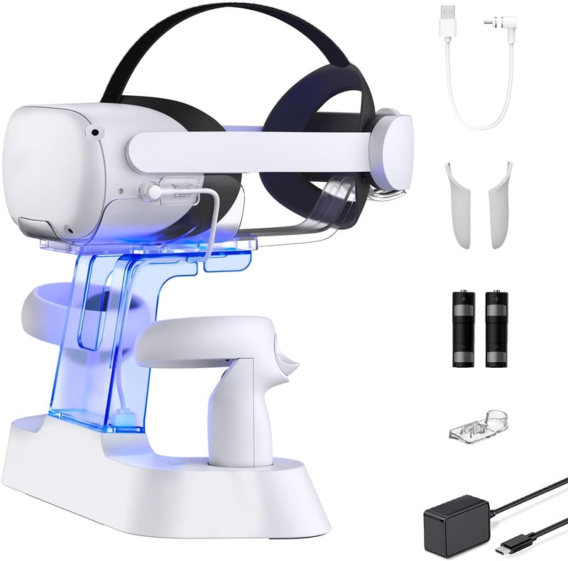 NexiGo S20B Töltőállomás Oculus Quest 2-höz LED Jelzőfénnyel - Elite Strap Kompatibilis Fejhallgató és Kontroller Tartó 2 Újratölthető Akkum