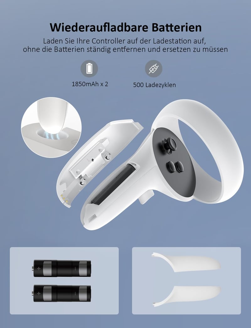 NexiGo S20B Töltőállomás Oculus Quest 2-höz LED Jelzőfénnyel - Elite Strap Kompatibilis Fejhallgató és Kontroller Tartó 2 Újratölthető Akkum