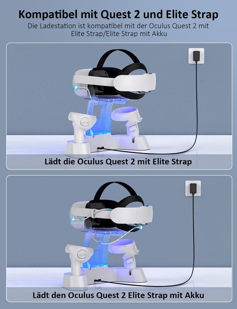 NexiGo S20B Töltőállomás Oculus Quest 2-höz LED Jelzőfénnyel - Elite Strap Kompatibilis Fejhallgató és Kontroller Tartó 2 Újratölthető Akkum