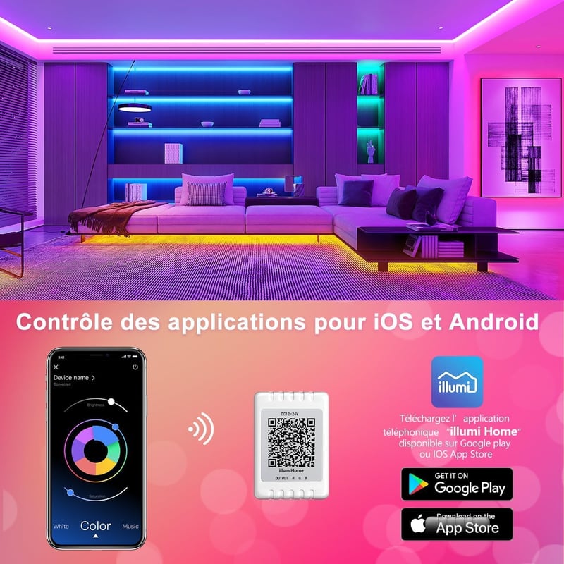 Nexillumi RGB LED szalag 30m távirányítóval, app vezérléssel és zenesynccal - 30 m