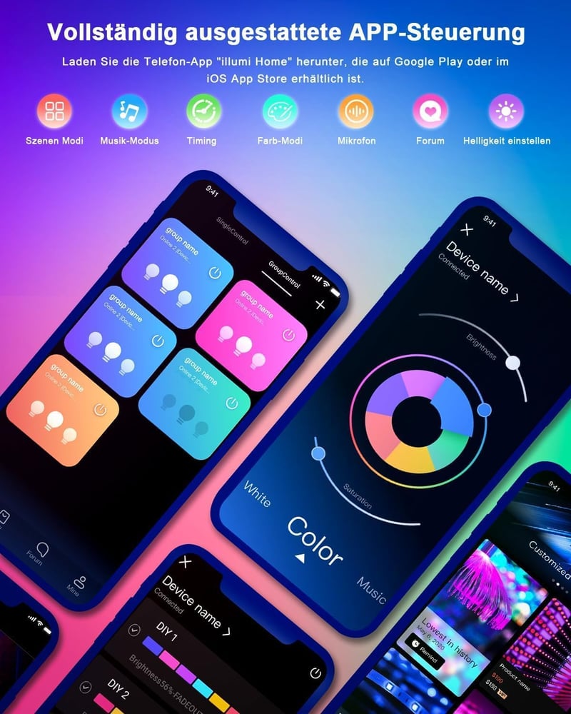 Nexillumi RGB LED szalag 30m távirányítóval, app vezérléssel és zenesynccal - 30 m