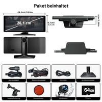 10,26-palcový bezdrôtový monitor do auta NFOIEIS s funkciami CarPlay a Android Auto, 4K palubná kamera, 1080P cúvacia kamera, GPS navigácia, Bluetooth, M 9