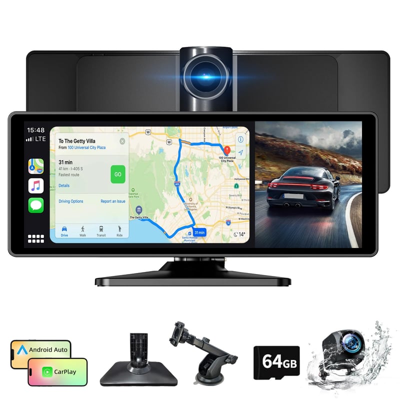 10,26-palcový bezdrôtový monitor do auta NFOIEIS s funkciami CarPlay a Android Auto, 4K palubná kamera, 1080P cúvacia kamera, GPS navigácia, Bluetooth, M