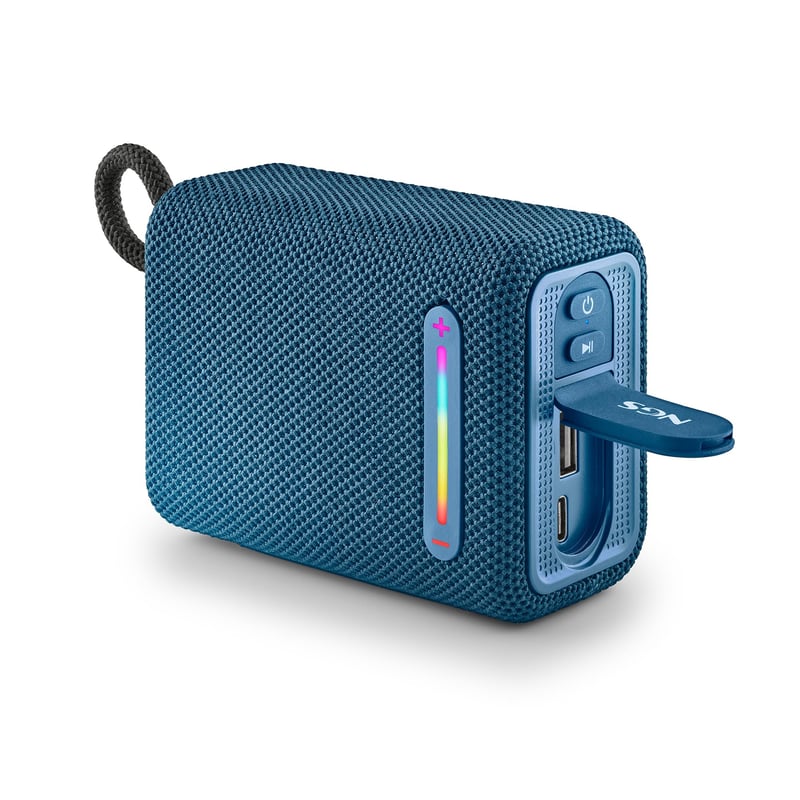 Prenosný Bluetooth reproduktor NGS Roller Furia 1 Blue – RGB osvetlenie, vodotesnosť IPX6, 15 W, TWS, USB port, 9-hodinová výdrž batérie, modrý