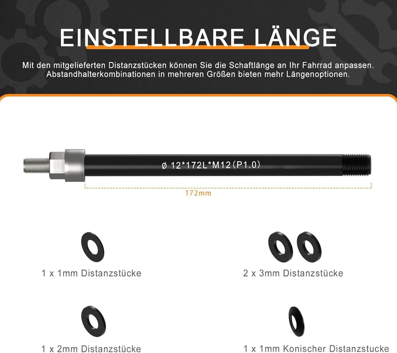 NICEDACK M12 Kerékpár Átvezető Tengely Adapter Utánfutóhoz - Állítható Hosszúság 160-172 mm, Fekete, Alumínium-Rozsdamentes Acél, Univerzáli