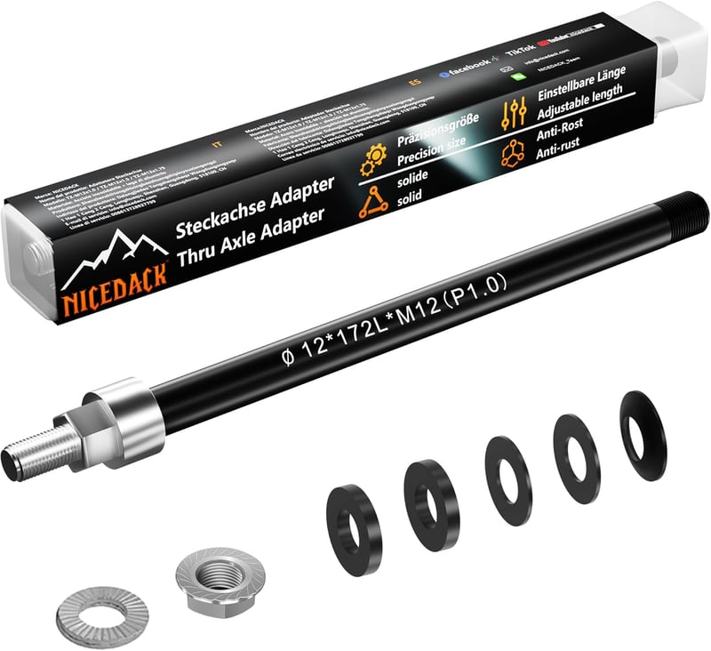 NICEDACK M12 Kerékpár Átvezető Tengely Adapter Utánfutóhoz - Állítható Hosszúság 160-172 mm, Fekete, Alumínium-Rozsdamentes Acél, Univerzáli