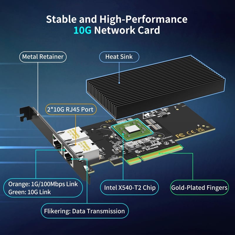 NICGIGA 10Gb Dual LAN PCI-e Hálózati Kártya, Intel X540 Vezérlővel, 2x RJ45 Porttal, 10Gbps Ethernet Adapter, Windows/Linux/VMware Kompatibi