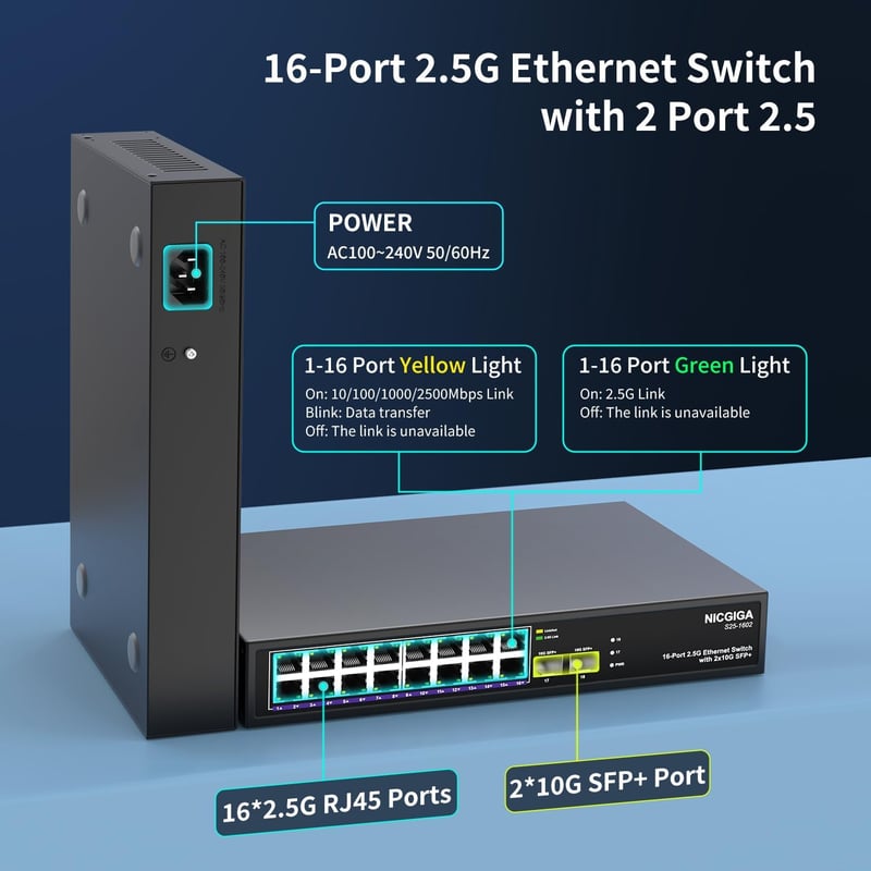 NICGIGA 18 Portos Ethernet Switch 16x 2.5G + 2x 10G SFP+ Hálózati Kapcsoló Unmanaged Plug & Play Asztali Rack Szerelhető