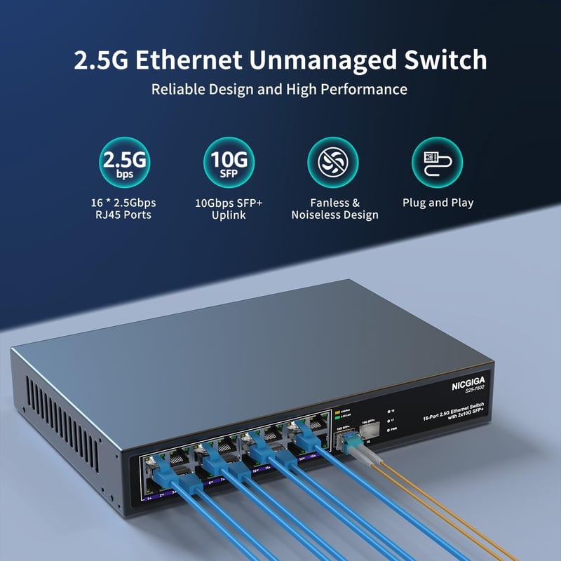 NICGIGA 18 Portos Ethernet Switch 16x 2.5G + 2x 10G SFP+ Hálózati Kapcsoló Unmanaged Plug & Play Asztali Rack Szerelhető