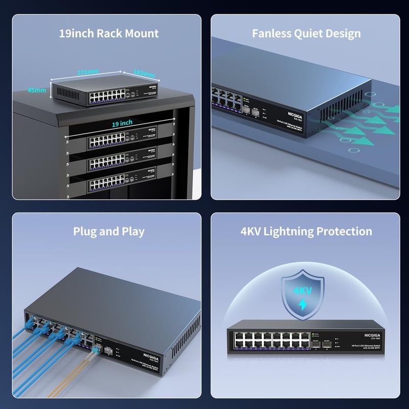 NICGIGA 18 Portos Ethernet Switch 16x 2.5G + 2x 10G SFP+ Hálózati Kapcsoló Unmanaged Plug & Play Asztali Rack Szerelhető