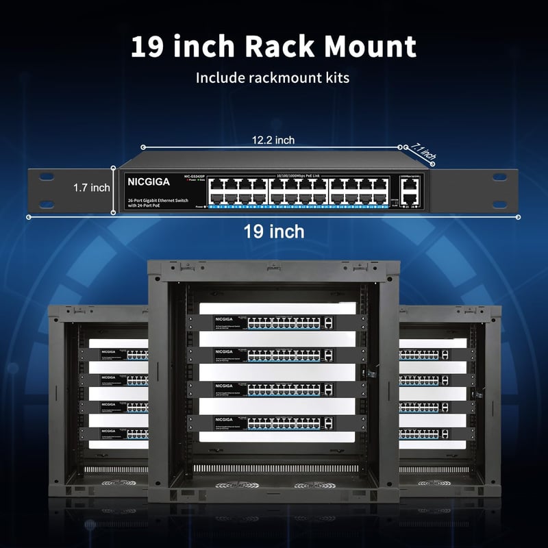NICGIGA 24 Portos Gigabit PoE+ Switch 300W Teljesítménnyel, 2 Uplink Porttal, Fém Ház, VLAN Mód, Plug and Play Hálózati Elosztó