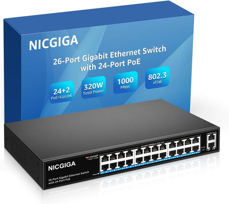 NICGIGA 24 Portos Gigabit PoE+ Switch 300W Teljesítménnyel, 2 Uplink Porttal, Fém Ház, VLAN Mód, Plug and Play Hálózati Elosztó