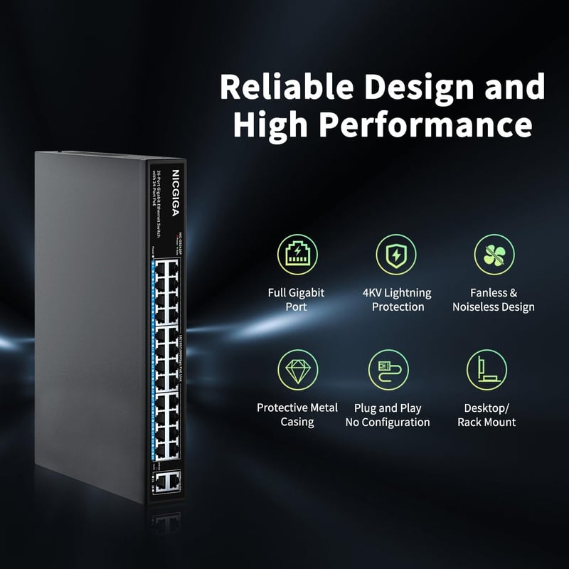 NICGIGA 24 Portos Gigabit PoE+ Switch 300W Teljesítménnyel, 2 Uplink Porttal, Fém Ház, VLAN Mód, Plug and Play Hálózati Elosztó