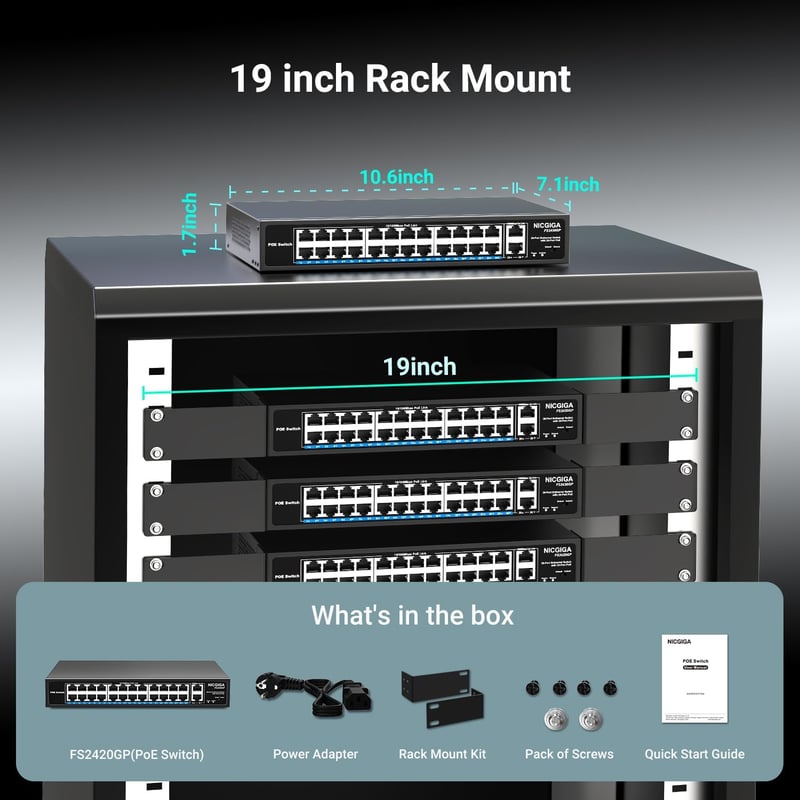 NICGIGA 24 portos PoE+ hálózati switch 400W, 2 Gigabit uplink, 19" rack