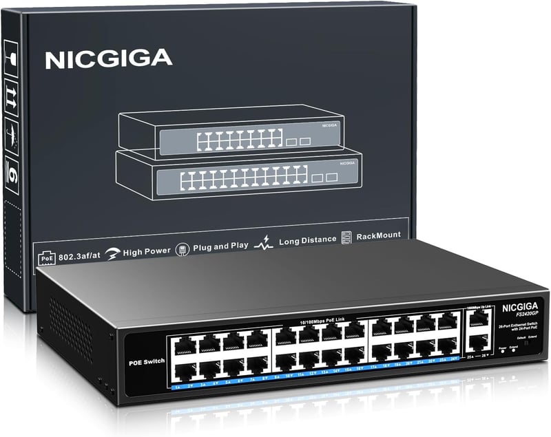 NICGIGA 24 portos PoE+ hálózati switch 400W, 2 Gigabit uplink, 19" rack