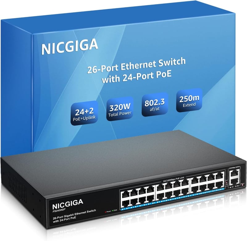 NICGIGA 24 Portos PoE+ Switch 320W - 2 Gigabit Uplink Porttal, VLAN Móddal, 250m Hatótávolsággal, 19" Rack Kompatibilis, Plug and Play Hálóz