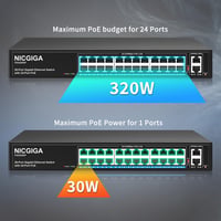 NICGIGA 24 Portos PoE+ Switch 320W - 2 Gigabit Uplink Porttal, VLAN Móddal, 250m Hatótávolsággal, 19" Rack Kompatibilis, Plug and Play Hálóz 3