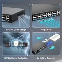 NICGIGA 24 Portos PoE+ Switch 320W - 2 Gigabit Uplink Porttal, VLAN Móddal, 250m Hatótávolsággal, 19" Rack Kompatibilis, Plug and Play Hálóz 6